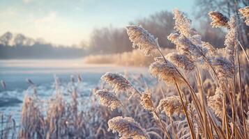 A field of tall grasses with frost on them photo