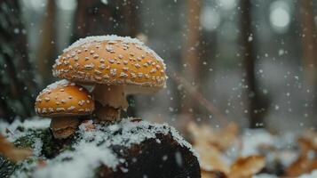 Two mushrooms are sitting on a log covered in snow photo