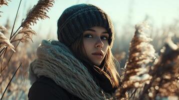 A woman wearing a hat and scarf stands in a field of tall grass photo