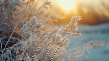 A field of snow covered plants with frost on them photo