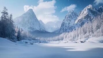 A snowy mountain range with a river running through it photo