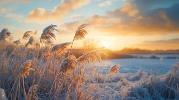 A field of tall grass covered in frost and snow photo