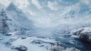 A snowy mountain range with a frozen river in the foreground photo