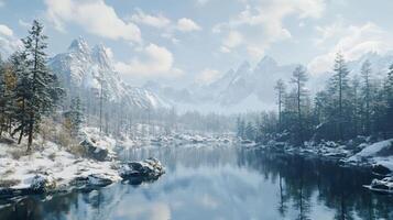 A snowy mountain range with a river running through it photo