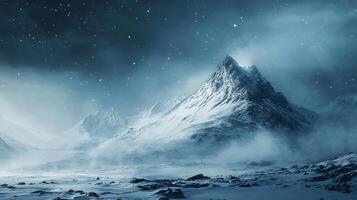 A mountain range covered in snow and a sky full of stars photo