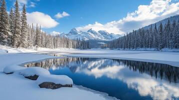 A snowy landscape with a lake and mountains in the background photo