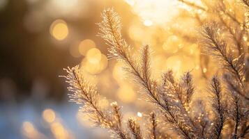 A tree with frost on it and a sun in the background photo