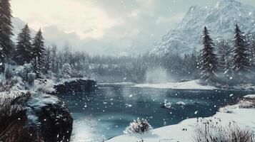A snowy landscape with a frozen lake and trees photo