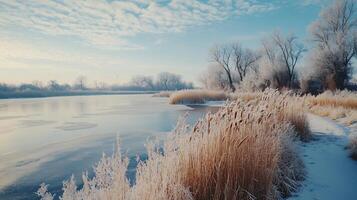 A frozen lake with a path leading to it photo