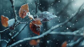 A leaf is covered in snow and is hanging from a tree branch photo