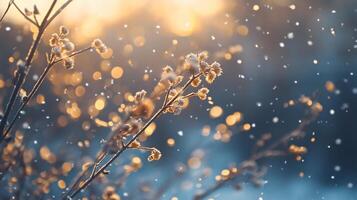 A branch covered in snow with a bright orange sun in the background photo