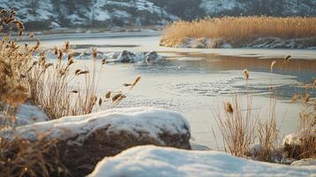 A frozen lake with a few rocks and some grass photo