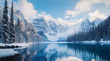A beautiful mountain range with a lake in the foreground photo