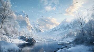 A snowy mountain range with a river running through it photo