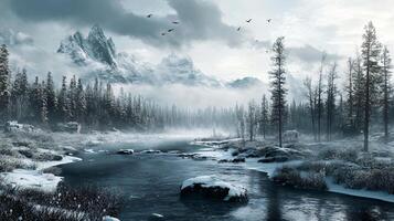 A snowy landscape with a river and mountains in the background photo