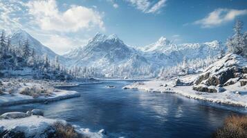 A snowy mountain range with a river running through it photo