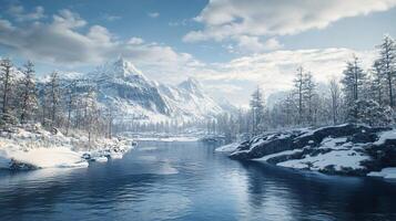 A snowy mountain range with a river running through it photo