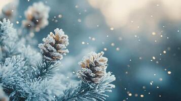 A snow covered pine tree with two cones on it photo