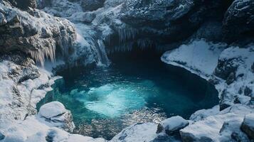 A frozen pond with a small stream of water running through it photo