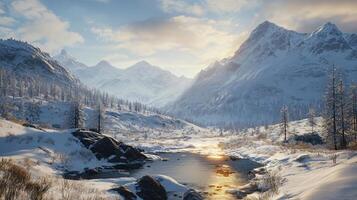 A snowy mountain range with a river running through it photo