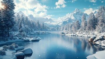 A snowy mountain range with a river running through it photo