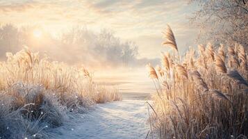 A snowy field with a path through it and a sun shining on it photo