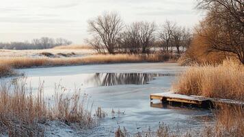 A frozen lake with a wooden dock and a few trees in the background photo