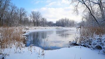 A snowy landscape with a frozen lake and trees in the background photo