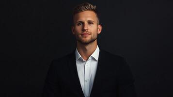 A man in a suit and tie is standing in front of a black background photo