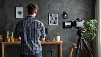 A man is standing in front of a camera with a tripod photo