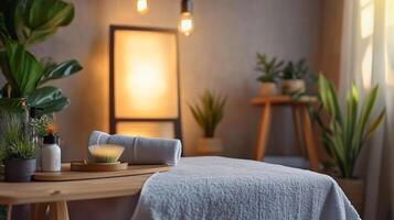 A spa room with a table and a towel on it photo