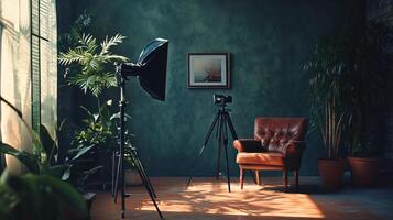 A room with a brown leather chair, a tripod, and a potted plant photo
