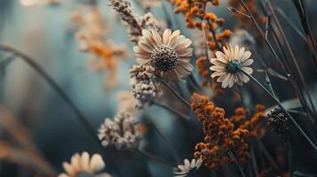 A field of flowers with a blue sky in the background photo