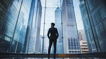 A man in a suit stands in front of a tall building, looking out the window photo