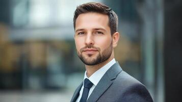 A man in a suit and tie is standing in front of a building photo