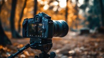 A camera is set up in a forest, with a lens and a tripod photo