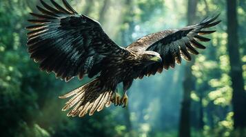 A large eagle is flying through a forest photo