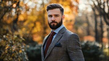 A man with a beard and a tie is standing in a forest photo