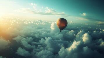 A hot air balloon is floating in the sky above a cloudy sky photo