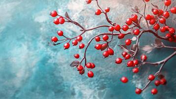 A branch of red berries is hanging from a tree photo