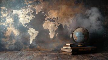 A globe sits on top of a stack of books in front of a wall with a map of the wor photo