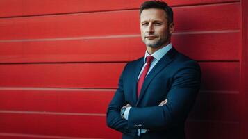 A man in a suit and tie stands in front of a red wall photo