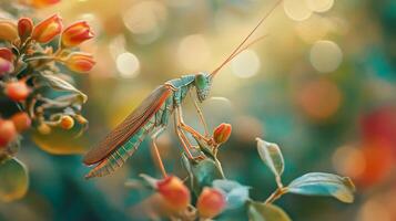 A green insect is perched on a leaf photo