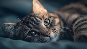 A cat is laying on a bed with its eyes closed photo