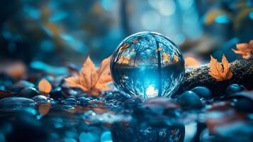 A glass ball is sitting on a rock in a pond photo