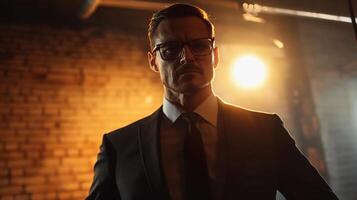 A man in a suit and tie stands in front of a brick wall photo
