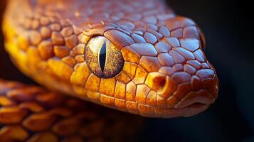 A close up of a snake's face with a yellow and brown color pattern photo