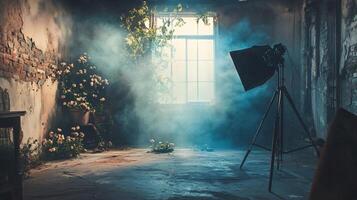 A dark room with a camera and a light photo