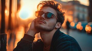 A man wearing sunglasses and a black jacket is sitting on a curb photo