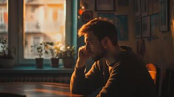 A man sits at a table with his head down photo